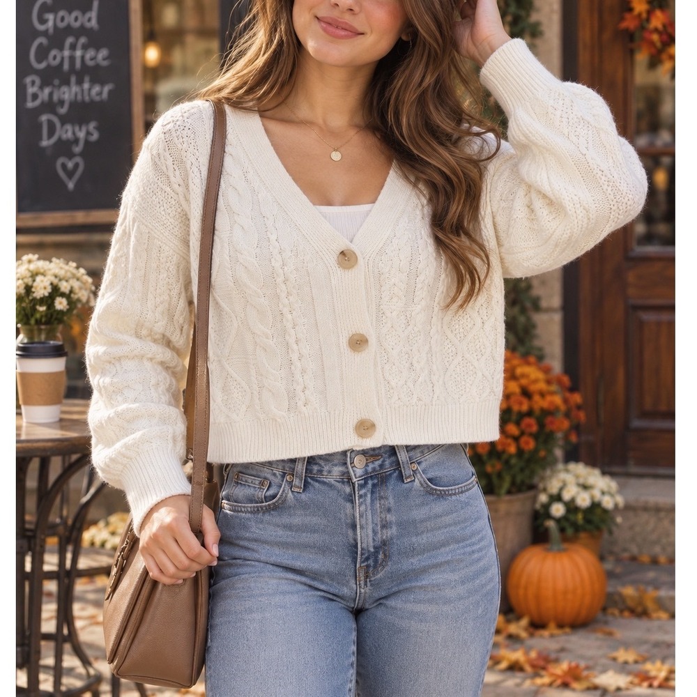 No Boundaries Women's Ivory Cable Knit Cropped Cardigan Sweater Large 11-13